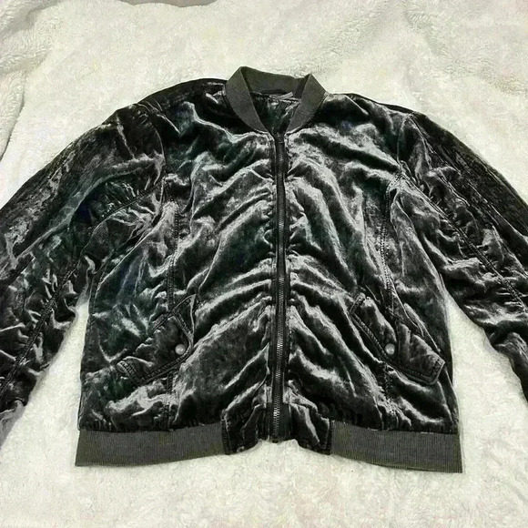 Free People Ruched Plush Velvet Bomber Jacket Medium Gray Draped Zip Front - Picture 2 of 7